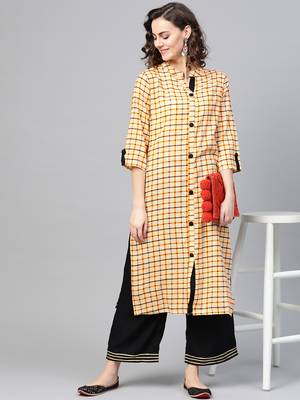 Yellow woven rayon kurta-sets 4