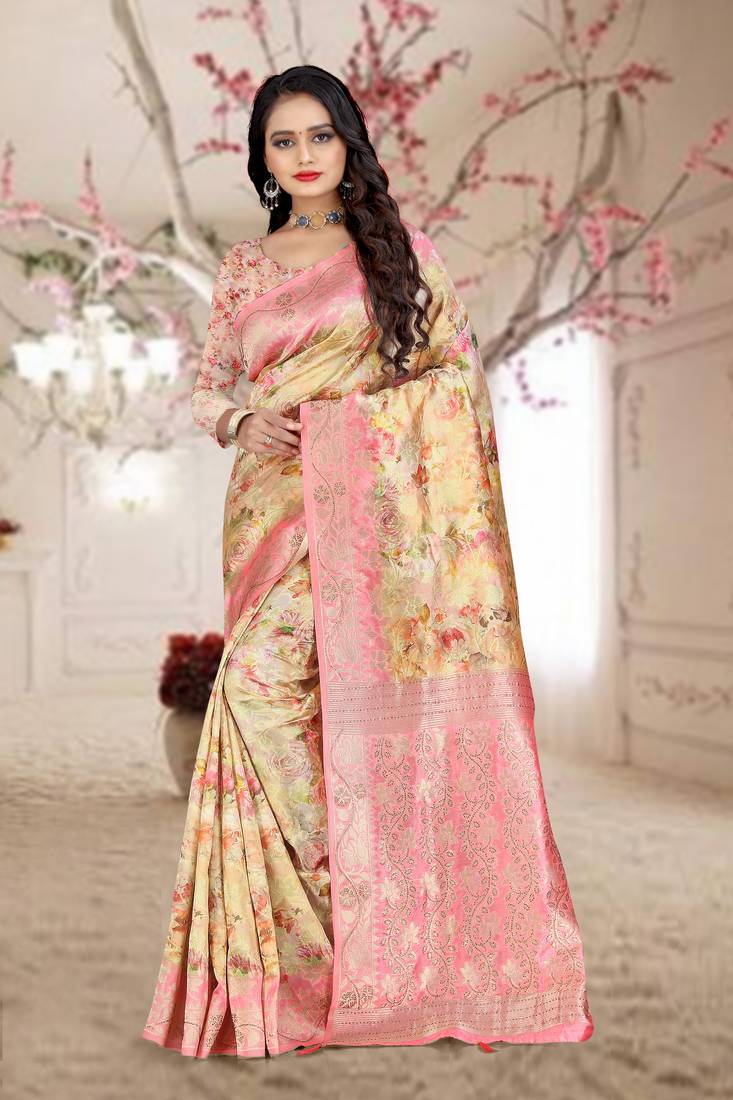 beige woven organza silk saree with blouse piece