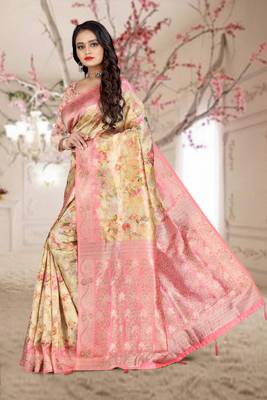 beige woven organza silk saree with blouse piece 3