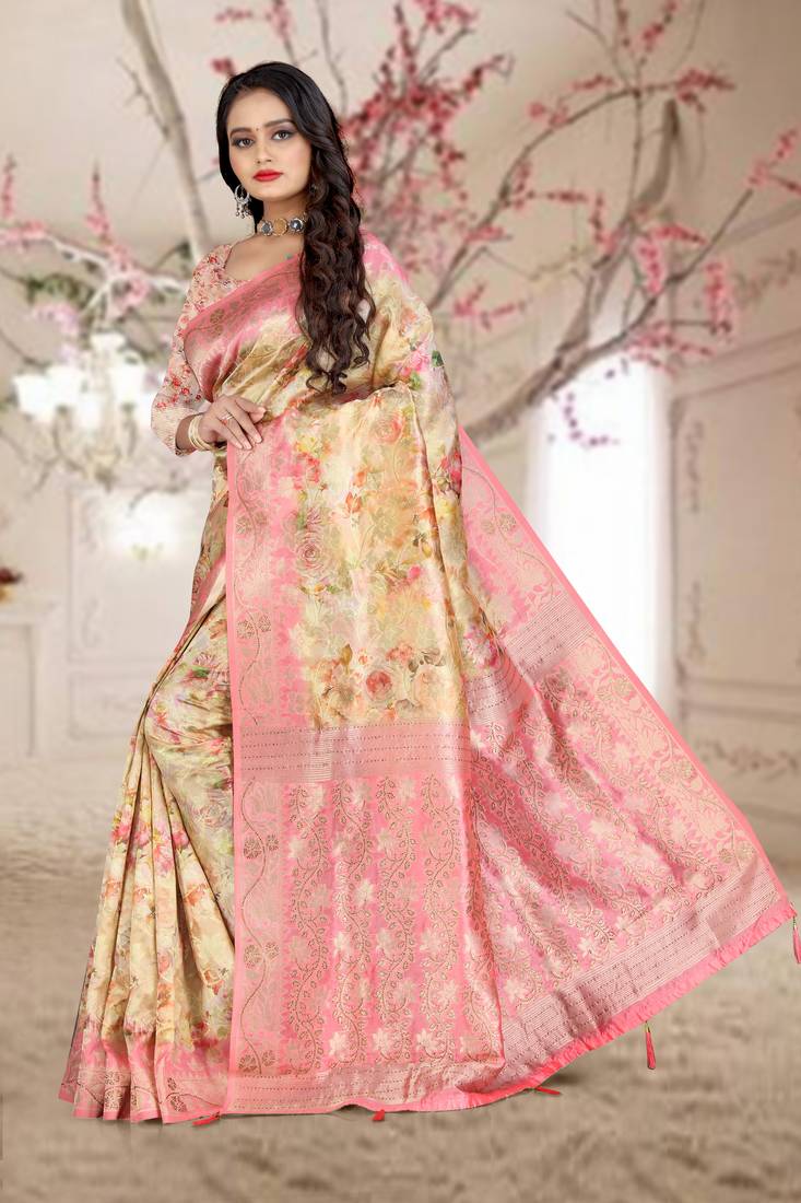 beige woven organza silk saree with blouse piece