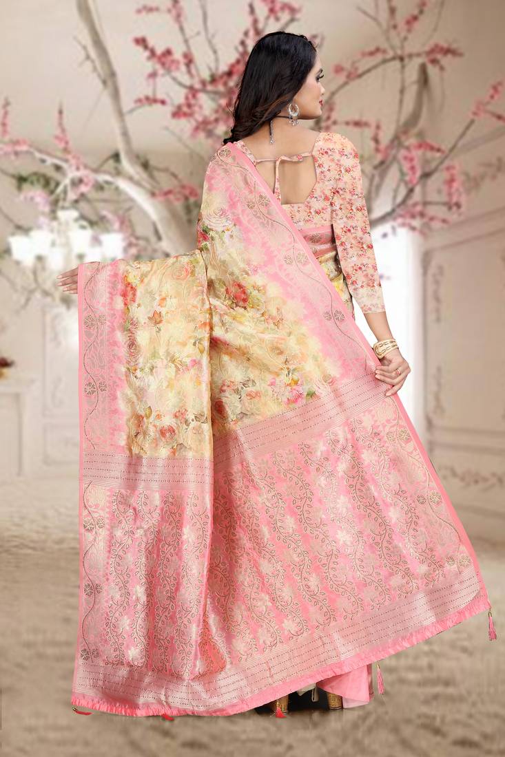 beige woven organza silk saree with blouse piece