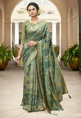 Green printed brasso saree with blouse 1