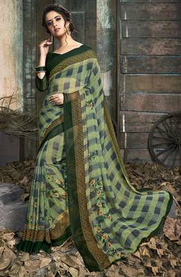 Green printed chiffon saree with blouse 1