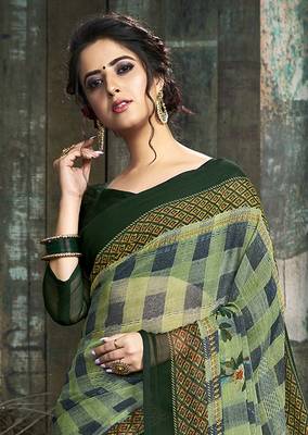 Green printed chiffon saree with blouse 2