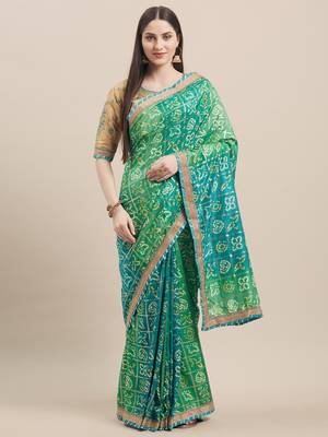 Green & Golden Silk Bandhani & Jari Embroidery with Lace Border Saree With Blouse 1