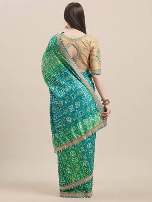 Green & Golden Silk Bandhani & Jari Embroidery with Lace Border Saree With Blouse 2