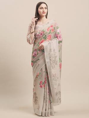 Beige Linen Cotton Floral Print With Zari Border Saree With Blouse 1