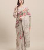Beige Linen Cotton Floral Print With Zari Border Saree With Blouse