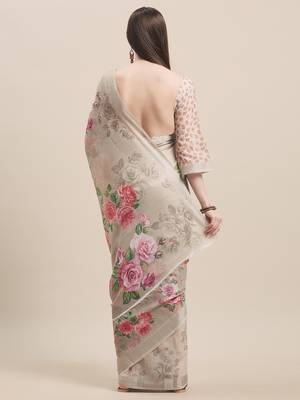 Beige Linen Cotton Floral Print With Zari Border Saree With Blouse 2