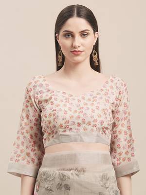 Beige Linen Cotton Floral Print With Zari Border Saree With Blouse 3