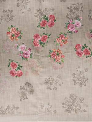 Beige Linen Cotton Floral Print With Zari Border Saree With Blouse 4