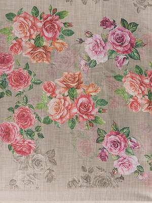 Beige Linen Cotton Floral Print With Zari Border Saree With Blouse 5