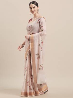Pink & Multi Linen Cotton Floral Print Saree With Blouse 1