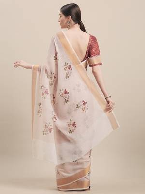 Pink & Multi Linen Cotton Floral Print Saree With Blouse 2