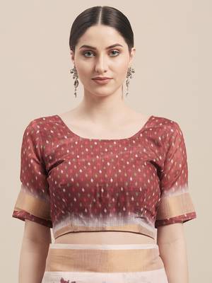 Pink & Multi Linen Cotton Floral Print Saree With Blouse 3