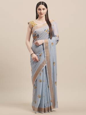 Blue & Yellow Linen Cotton Floral Print Saree With Blouse 1