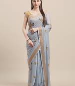 Blue & Yellow Linen Cotton Floral Print Saree With Blouse