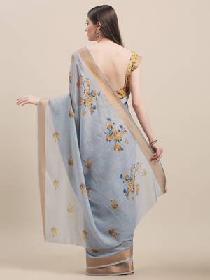 Blue & Yellow Linen Cotton Floral Print Saree With Blouse 2
