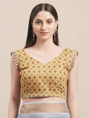 Blue & Yellow Linen Cotton Floral Print Saree With Blouse 3