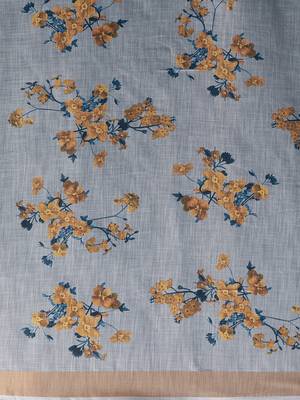 Blue & Yellow Linen Cotton Floral Print Saree With Blouse 4