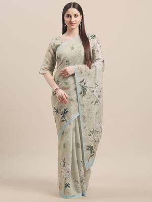 green Green & Multi Linen Cotton Floral Print With Weaving Checks Saree With Blouse 1