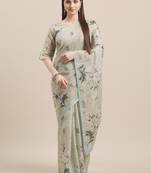 green Green & Multi Linen Cotton Floral Print With Weaving Checks Saree With Blouse