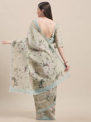 green Green & Multi Linen Cotton Floral Print With Weaving Checks Saree With Blouse 2