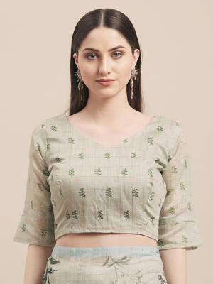 green Green & Multi Linen Cotton Floral Print With Weaving Checks Saree With Blouse 3