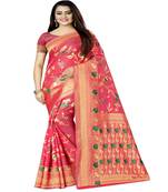 Women   s magenta Silk Jacquard Designer Saree With Foil Floral Prints