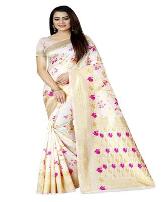 Women   s white Silk Jacquard Designer Saree With Foil Floral Prints 1