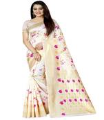 Women   s white Silk Jacquard Designer Saree With Foil Floral Prints