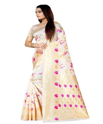 Women   s white Silk Jacquard Designer Saree With Foil Floral Prints 2