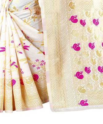Women   s white Silk Jacquard Designer Saree With Foil Floral Prints 3