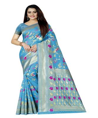Women   s blue Silk Jacquard Designer Saree With Foil Floral Prints 1