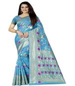 Women   s blue Silk Jacquard Designer Saree With Foil Floral Prints