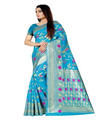Women   s blue Silk Jacquard Designer Saree With Foil Floral Prints 2