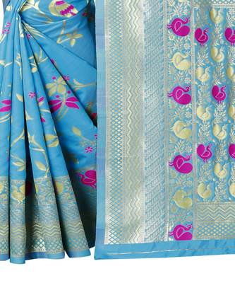 Women   s blue Silk Jacquard Designer Saree With Foil Floral Prints 3