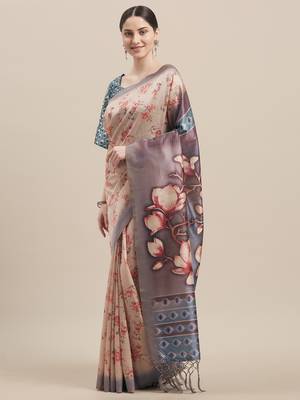 Multi Silk Blend Floral Print With Tassels Saree With Blouse 1