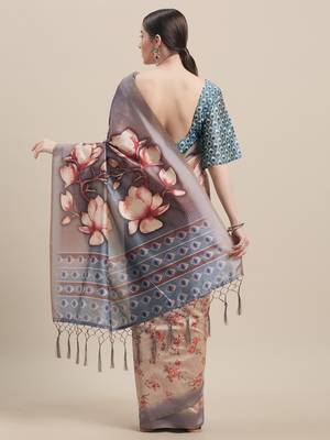 Multi Silk Blend Floral Print With Tassels Saree With Blouse 2