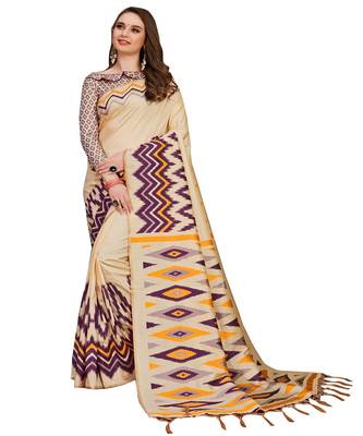 Cream printed Cotton saree with blouse 1