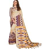 Cream printed Cotton saree with blouse