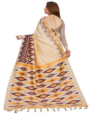 Cream printed Cotton saree with blouse 2