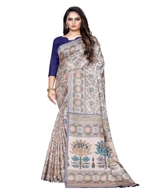 Beige printed Silk blend saree with blouse 1
