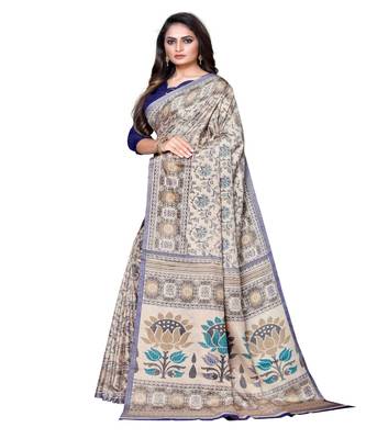 Beige printed Silk blend saree with blouse 3
