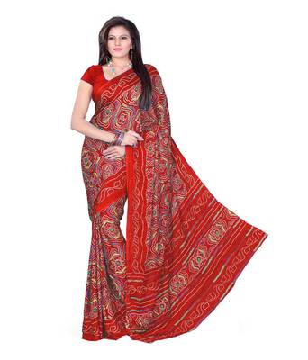 Red printed crepe bandhani saree with blouse 1