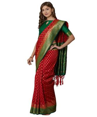 Red woven Silk blend saree with blouse 3