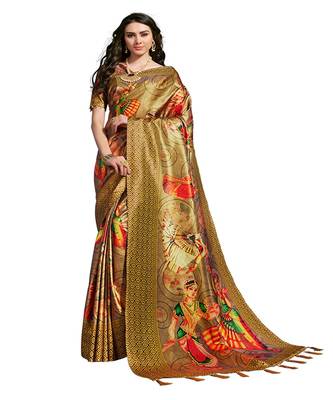 Beige printed Silk blend saree with blouse 1