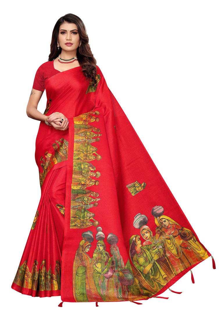 Women's Red Printed Art Silk Saree With Blouse