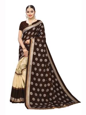 Brown Printed Bhagalpuri Silk Saree With Blouse 1