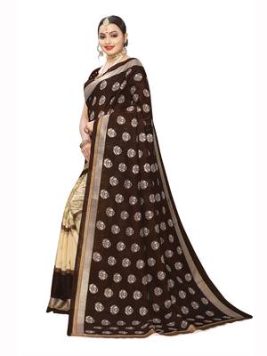 Brown Printed Bhagalpuri Silk Saree With Blouse 2